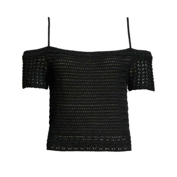 Vince Open Shoulder Square Neck Crochet Top Black NWOT